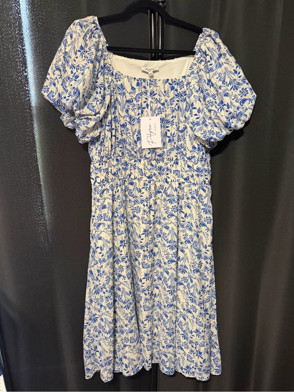 Polagram White Dress with Blue Floral Print and Puff Sleeves